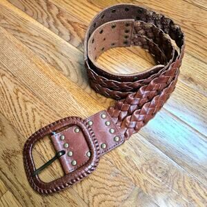 Fossil Women's Braided Brown Leather Studded Wide Boho Belt Size M 40"L x 2"W